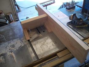 First view of table saw jig for post notch cut.