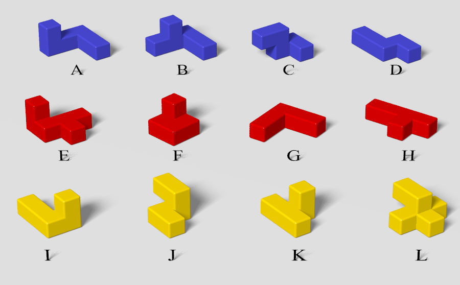 POV-Ray image of the 12 pieces of the Tetris Cube labeled A through L.