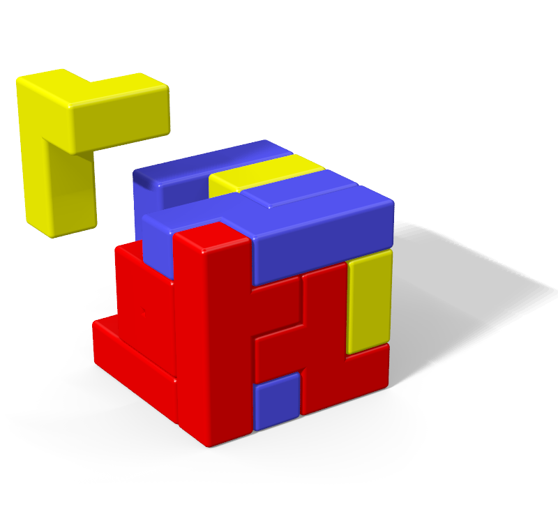 Povray image of a solution to the Tetris Cube.